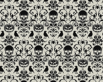 May include: A repeating pattern featuring black skulls, jack-o'-lanterns, ravens, and spider webs on a light gray background. The design has a gothic, Halloween theme with ornate floral scrollwork.