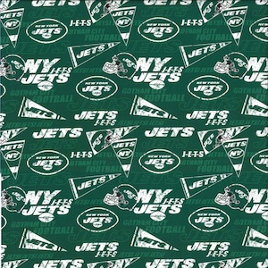 May include: A green fabric with a white repeated pattern of the New York Jets logo, the words "New York Jets", "J-E-T-S", "Gotham City Football", and "NY Jets".