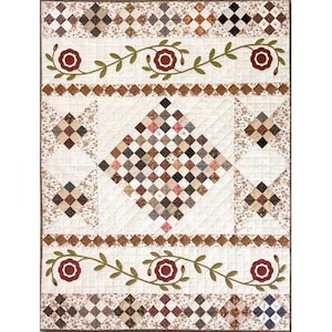 May include: A quilt with a diamond pattern in the center, surrounded by smaller diamond patterns and floral vines. The quilt is made of various fabrics in shades of brown, white, and red.