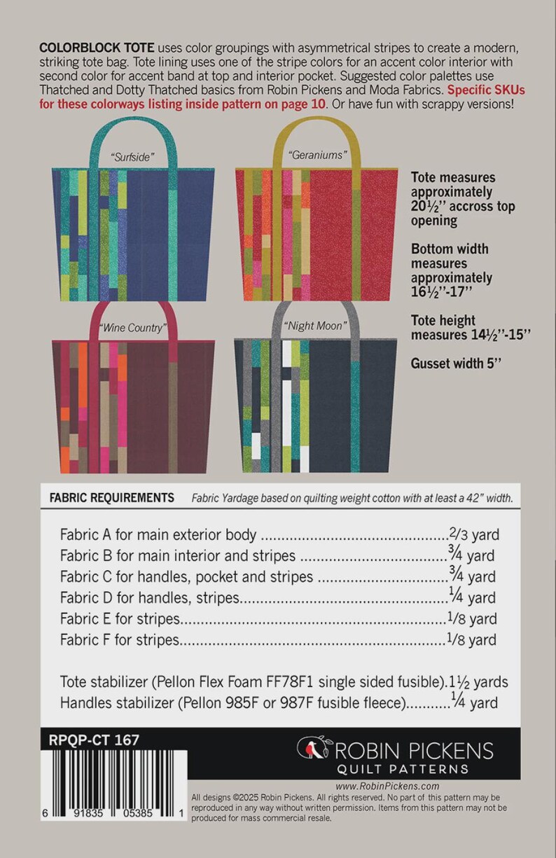 4 Colorblock Patterns Colorblock Tote Sewing Pattern From Robin Pickens Quilt Patterns BRAND ...