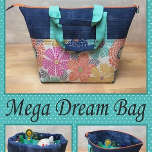 May include: A denim-look tote bag with a floral pattern on the lower half. The bag has teal handles and trim, and a zipper closure. The text "Mega Dream Bag" is displayed below the bag.