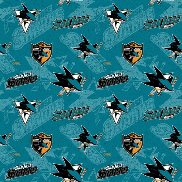 NHL San Jose Sharks Hockey Team All Over On Blue Cotton Fabric, Sykel Enterprises, Priced By The HALF Yard! NEW