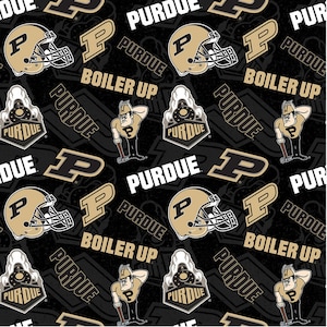 May include: A black and gold fabric pattern featuring the Purdue Boilermakers logo, including the team mascot, the letter 'P', and the words 'Purdue' and 'Boiler Up'.