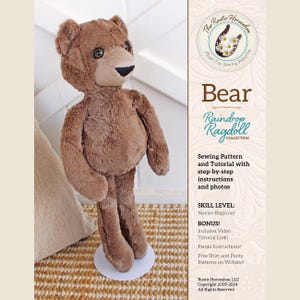 May include: A sewing pattern for a brown bear plush toy. The pattern is part of the Raindrop Ragdoll Collection and includes step-by-step instructions and photos. The pattern is for beginner sewers and includes a video tutorial link, panda instructions, and free shirt and pants patterns.