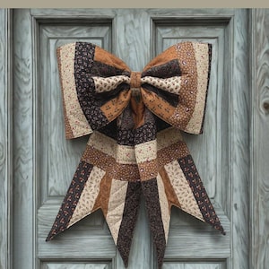 May include: A large, quilted bow in shades of brown, tan, and black, designed for 2.5-inch strips. The bow is reversible and features two style options. The text on the image reads "THE BIG GIANT QUILTED JELLY ROLL BOW".