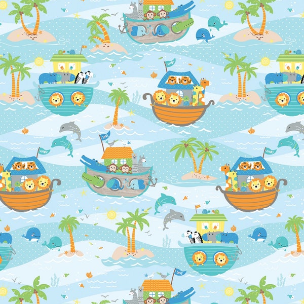 Sky Blue Noah's Journey Scenic All Over On Blue Cotton Fabric Priced By The HALF Yard, From KANVAS, By Benartex NEW, Please See Description
