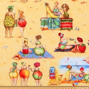 May include: A colorful illustration of women on a beach wearing fruit-themed swimsuits. The women are enjoying the sun and each other's company. The illustration is done in a cartoon style and features bright colors and whimsical details.