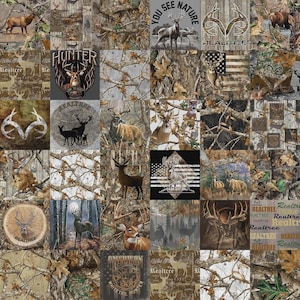 May include: A collage of images featuring deer, camouflage patterns, and the text "HUNTER" and "Realtree." The images include deer silhouettes, deer in natural settings, and the American flag. The color palette consists of browns, greens, and tans.