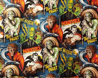 Midnight Monsters of the Past All Over On Blue Woven Cotton Fabric Priced By The HALF Yard, From Robert Kaufman NEW, Please See Description!
