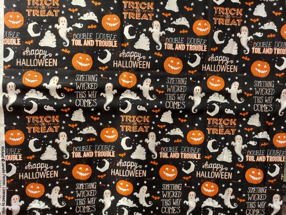 Wicked Halloween Trick or Treat Ghosts On Black Woven Cotton Fabric Priced By The HALF Yard From David Textiles BRAND NEW