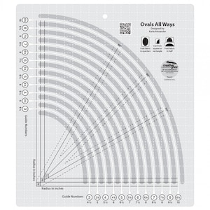 May include: A clear plastic quilting ruler with a grid pattern and a semicircle of arcs. The ruler is labeled "Ovals All Ways" and includes instructions for cutting fabric in quarters, rectangles, and in half. The ruler has guide numbers from 3 to 10 inches.