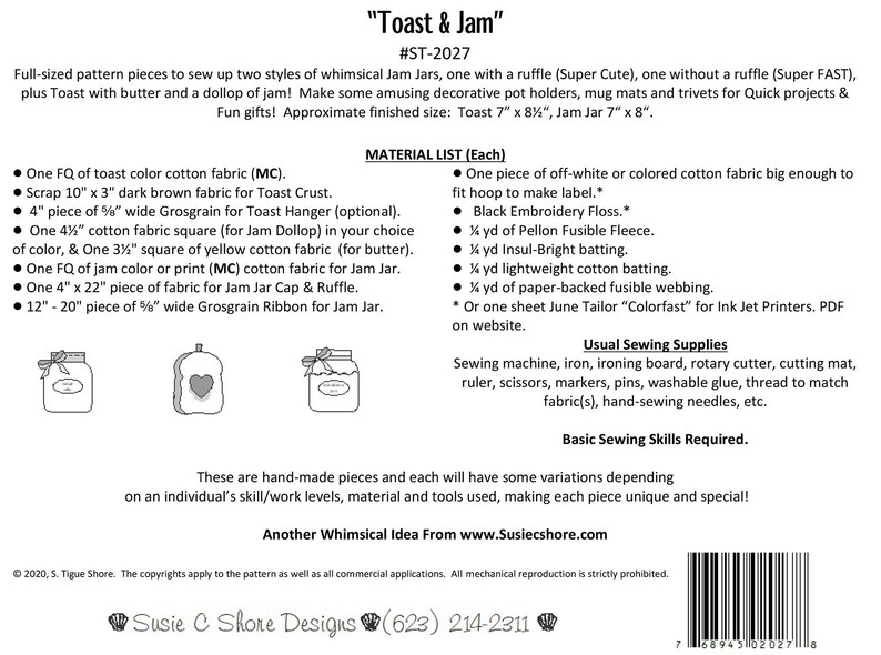 Toast and Jam Pot Holders Sewing Pattern, From Susie C. Shore Designs ...
