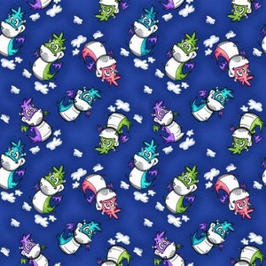 May include: A seamless pattern featuring cartoon dragons flying in a blue sky with white clouds. The dragons are in various colors, including purple, green, pink, and blue. Each dragon has a unique expression and is flying in a different direction.