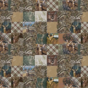 May include: A patchwork design featuring deer and camouflage patterns. The design incorporates squares with deer portraits, camouflage textures, and plaid patterns in shades of brown, green, and tan. The overall theme is outdoors and hunting.