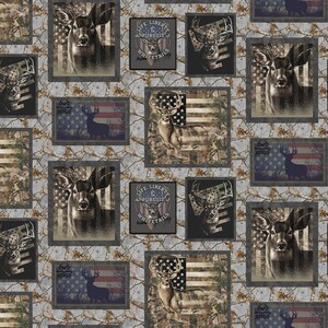 May include: A repeating pattern featuring deer, American flags, and camouflage backgrounds. The design includes framed images of deer, the American flag, and text that reads "LIFE, LIBERTY & PURSUIT WHITETAILS" and "EDGE". The color palette includes shades of brown, gray, and white.