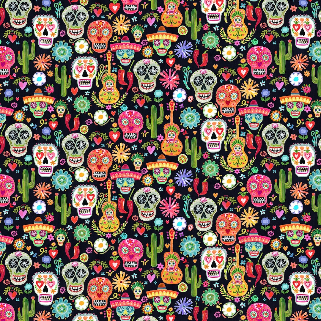 Multi Day of the Dead All Over on Black Cotton Fabric Priced by the ...
