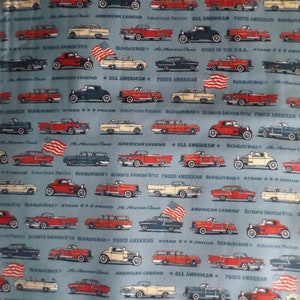 Old Guys Rule Patriotic Classic Cars and Sayings All Over On Blue Woven Cotton Fabric Priced By The HALF Yard, From Robert Kaufman BRAND NEW