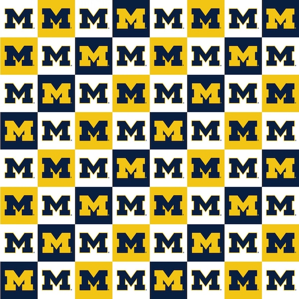 The University of Michigan Wolverines Checkerboard Cotton Fabric Priced By The HALF Yard, From Sykel Enterprises NEW, Please See Description