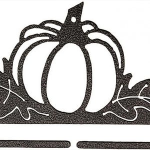 May include: Black metal pumpkin and leaf design with a horizontal bar for hanging.