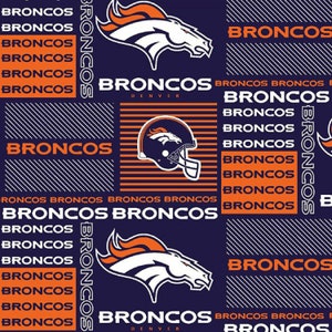 May include: A blue and orange fabric with a repeating pattern of the Denver Broncos logo. The logo features a horse's head with a football helmet and the words "Broncos Denver".