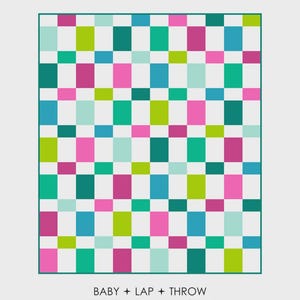 May include: A modern quilt pattern titled "OFFSET OASIS" by Jamie Siel. The design features a grid of colorful squares in shades of teal, pink, green, and blue. The pattern is described as precut friendly and includes sizes for baby, lap, throw, XL throw, twin, and queen quilts.