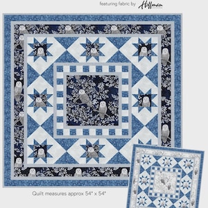 May include: A blue and white quilt with a star and owl design. The quilt measures approximately 54" x 54". The text "Starlight Symphony" and "Gourmet Quilter" are visible.