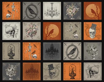 May include: A repeating pattern of square tiles with gothic and Halloween-themed illustrations. The designs include skulls, ravens, skeletons, chandeliers, and floral arrangements, set against orange, gray, and brown backgrounds.