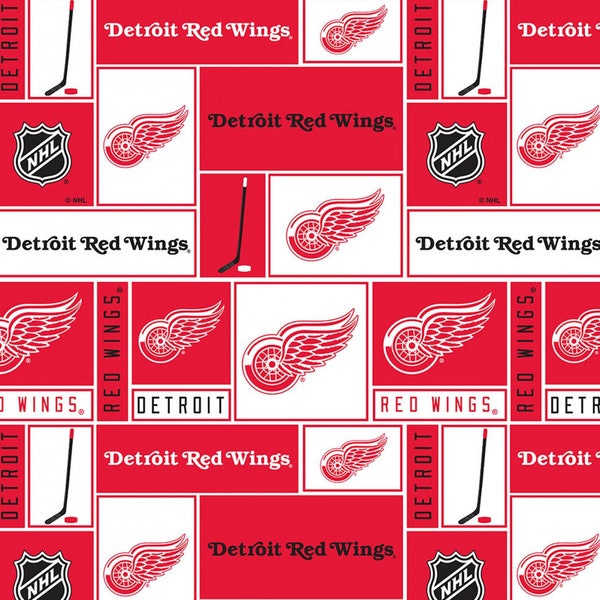 Sold Any Length, NHL Hockey Detroit Red Wings Patchwork Cotton Fabric Priced By The HALF Yard, From Sykel Enterprises NEW, See Description