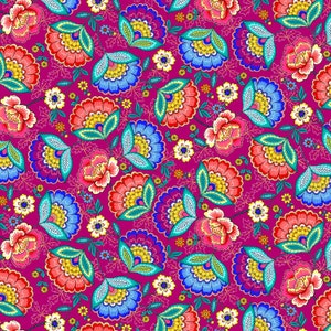 Dazzling Colorful Blooms Flowers All Over On Pink Cotton Fabric Priced By The HALF Yard, From KANVAS NEW