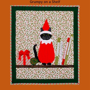 May include: A black cat dressed as an elf sits on a shelf with a red and white gift box, a green holly sprig, and a stack of books. The books have titles related to Christmas. The background is a green and white holly pattern.