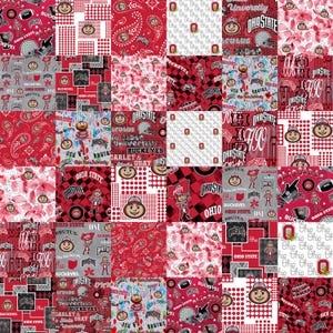 May include: A collage of fabric squares featuring the Ohio State Buckeyes logo in various colors and patterns. The logo includes the words "Ohio State" and "Buckeyes" in a red and gray color scheme. The fabric squares are arranged in a grid pattern.