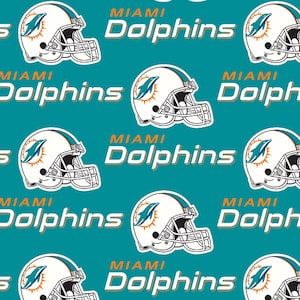 May include: A teal blue background with a repeating pattern of white football helmets with orange dolphins inside. The text "MIAMI Dolphins" is repeated in white with a yellow outline.