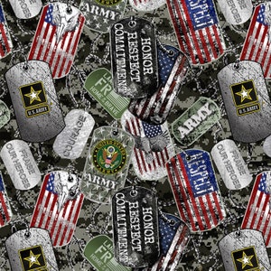 May include: A camouflage background with various silver and black dog tags. The dog tags have different text on them, including "Army", "Honor", "Respect", "Commitment", "Courage", "Praise Our Heroes", and "Land of the Free, Home of the Brave".