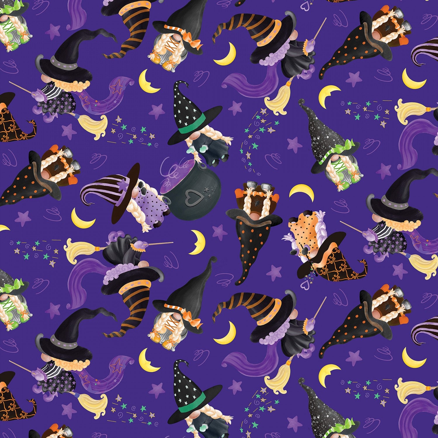 Purple Hocus Pocus Halloween Gnomes on Woven Cotton Fabric Priced by ...