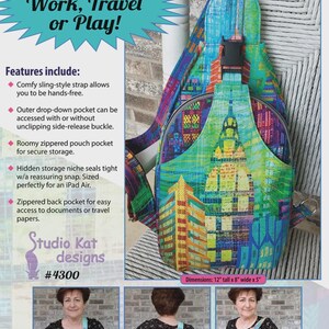 May include: The Sling Along bag, featuring a colorful cityscape design. It has a sling-style strap, zippered pockets, and a hidden storage niche. Dimensions are 12 inches tall, 8 inches wide, and 5 inches deep.