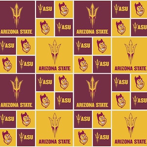 May include: A repeating pattern featuring the Arizona State University logo. The design includes the ASU trident, the word "ARIZONA STATE", and the ASU mascot, all in maroon and gold. The pattern is on a white background.