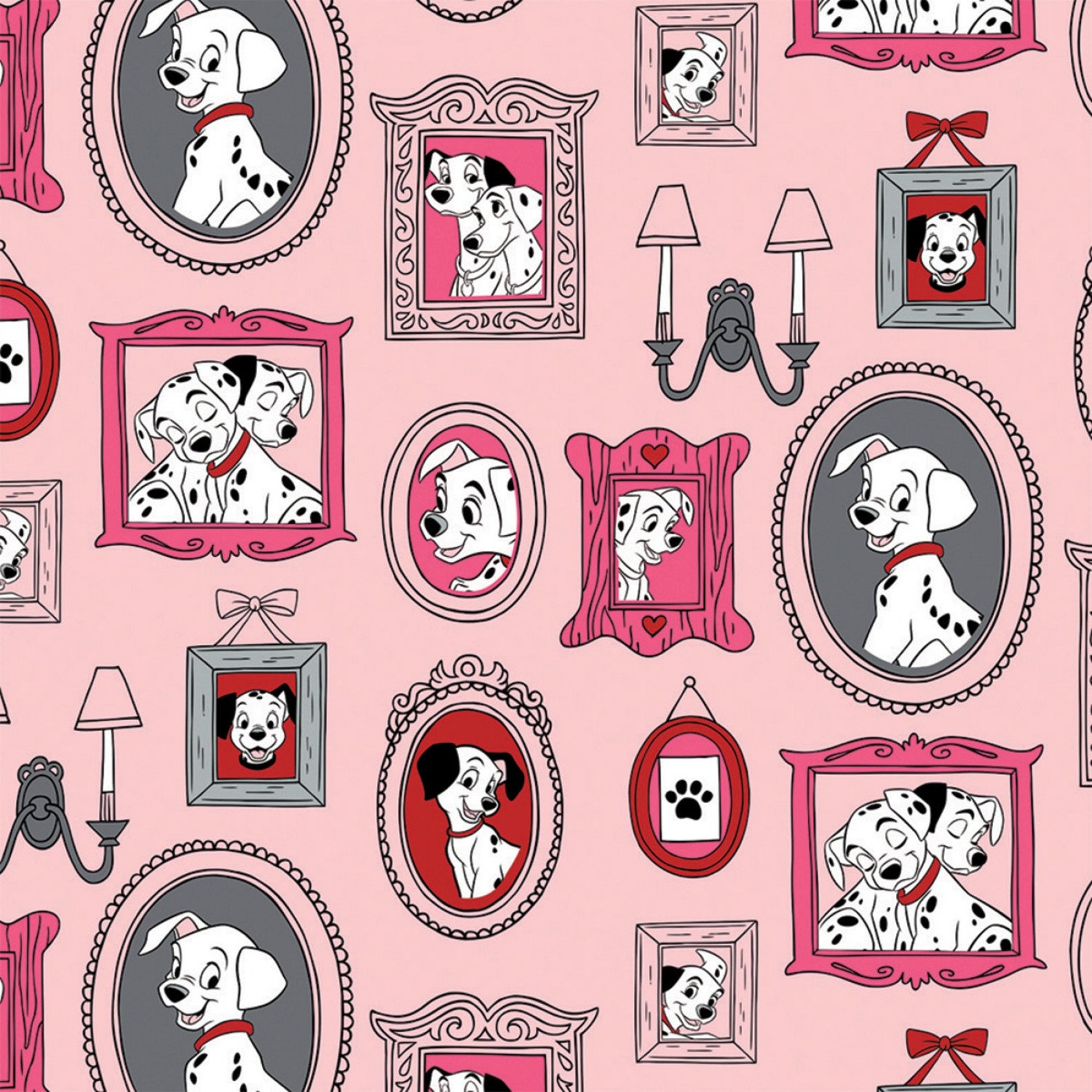 101 Dalmatians in Picture Frames All Over on Pink Cotton Etsy