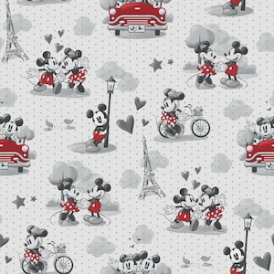 May include: A repeating pattern featuring Mickey and Minnie Mouse in various romantic poses. The design includes red cars, bicycles, the Eiffel Tower, hearts, and polka dots on a gray background. The characters are dressed in their classic outfits.