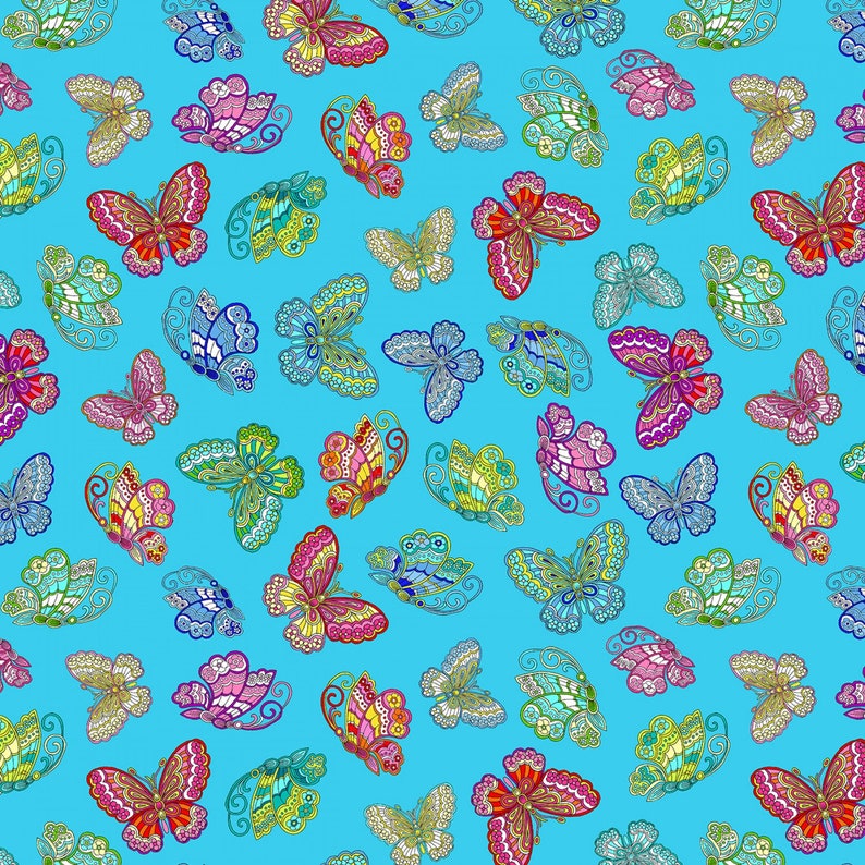From KANVAS NEW Dazzling Colorful Butterflies All Over On Turquoise Blue Cotton Fabric Priced By The HALF Yard
