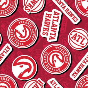 May include: Red and white repeating pattern featuring the Atlanta Hawks logo, the team's name, and the words "Basketball" and "ATL".