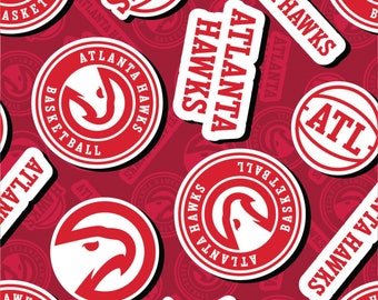 NBA Basketball Atlanta Hawks Sticker Toss Woven Cotton Fabric Priced By The HALF Yard, From Camelot Fabrics NEW, Please See Description