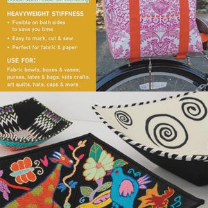 May include: An image showcasing "fast 2 fuse INTERFACING HEAVY" for fabric projects. It features a floral tote bag, decorative bowls, and a colorful embroidered square with a giraffe and bird. The text indicates the product is a "LARGE-PROJECT PACK" and the size is 20" x 20".