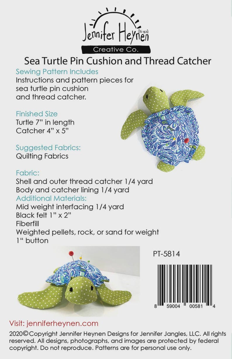 Sea Turtle Pin Cushion and Thread Catcher Sewing Pattern, From Jennifer ...
