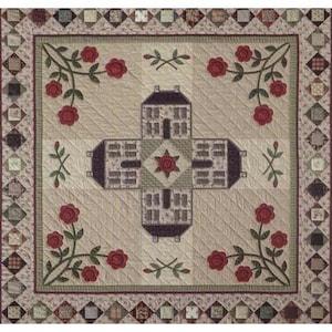 May include: A beige quilt with a central design of four houses in a cross shape. The houses are dark purple with white windows and doors. The background is a beige fabric with a subtle diamond pattern. The corners of the quilt are decorated with a vine of red roses.