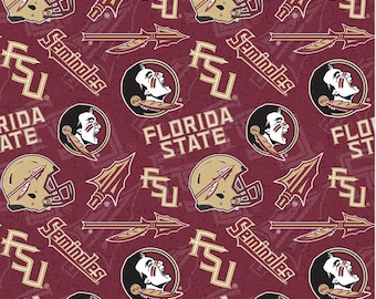 May include: A maroon pattern featuring gold football helmets, spearheads, and the words "Seminoles" and "Florida State." The design includes a Native American profile within a circle and the letters "FSU."