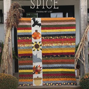 May include: A quilt titled PUMPKIN SPICE with a finished size of 48" x 58" by My Beste Quilt Co. The quilt features horizontal stripes in autumn colors and a vertical white panel with appliqued icons of a bat, pumpkin, sunflower, leaf, and acorn.