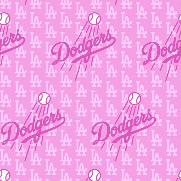 MLB Baseball Pink Los Angeles Dodgers Logos Woven Cotton Fabric Priced By The HALF Yard, From Fabric Traditions NEW Please See Description!