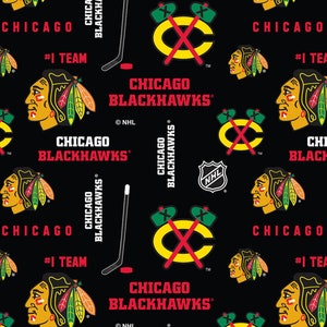 May include: Black and red Chicago Blackhawks hockey team logo with the words "Chicago Blackhawks" and "#1 Team" repeated on a black background.