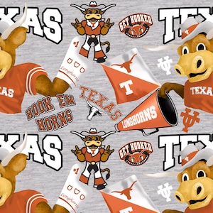 The University of Texas Longhorns Mascots Gray Cotton Fabric Priced By The HALF Yard, From Sykel Enterprises NEW, Please See The Description