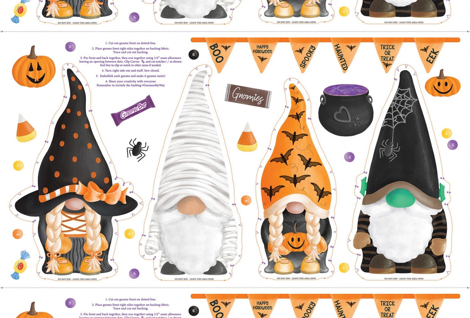 Multi Spooky Halloween Gnome Doll Panel Woven Cotton Fabric Priced by ...
